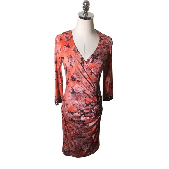 Eva Claudi Dress Women's Size Small Orange Pink Floral Long Sleeve V-Neck - Picture 1 of 8
